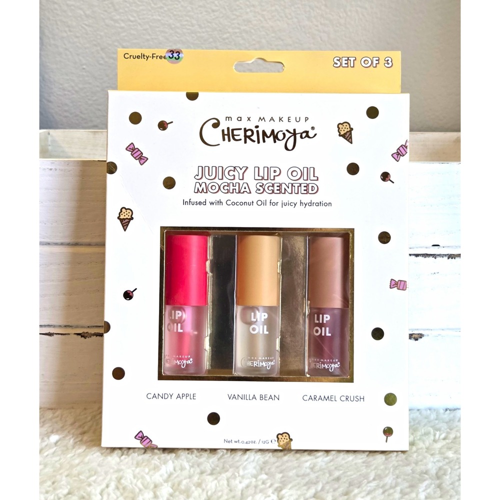 Cherimoya Juicy Lip Oil Set of 3 Mocha + Candy Apple/Vanilla/Caramel SPF 33 - Picture 1 of 2